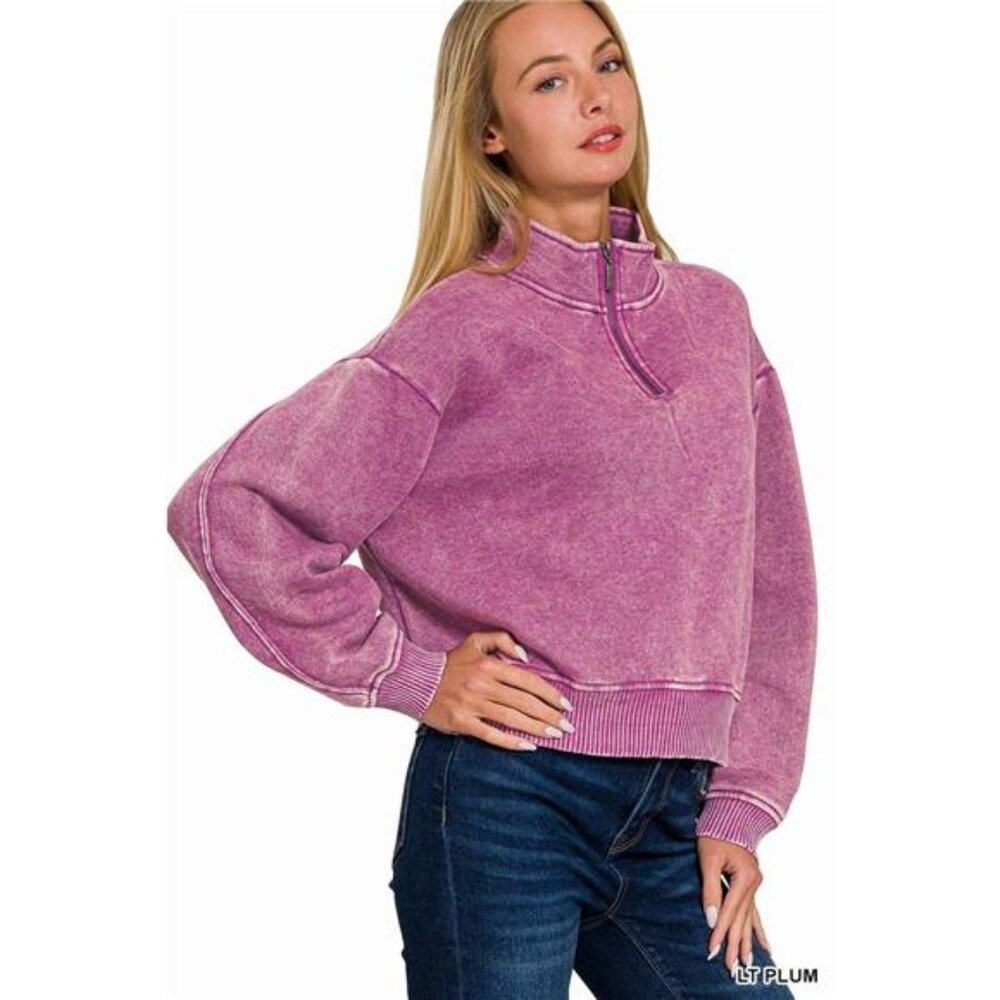 Zenana Acid Wash Fleece Half Zip Sweatshirt
